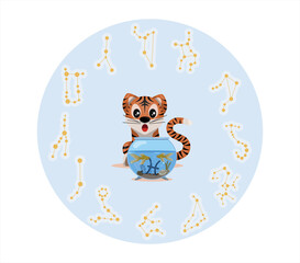 Tiger cub with pisces zodiac sign Astrological sign icon Vector cartoon illustration Horoscope and Eastern New Year.