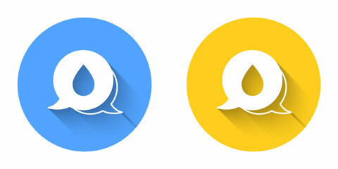 White Water drop with speech bubbles icon isolated with long shadow background. Circle button. Vector