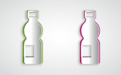 Paper cut Bottle of water icon isolated on grey background. Soda aqua drink sign. Paper art style. Vector