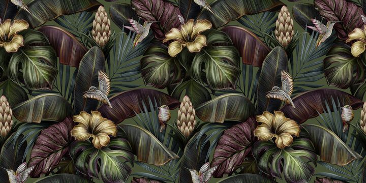 Tropical exotic seamless pattern with gold hibiscus, hummingbirds, protea flowers, vintage banana leaves, palm leaves. Hand-drawn luxury 3d illustration. Good for wallpapers, fabric printing, mural