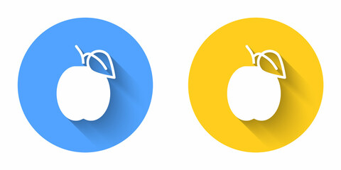 White Plum fruit icon isolated with long shadow background. Circle button. Vector
