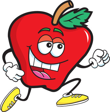 Cartoon illustration of a happy smiling apple running.