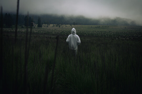 One man wearing a white hoodie staring at a foggy grassland