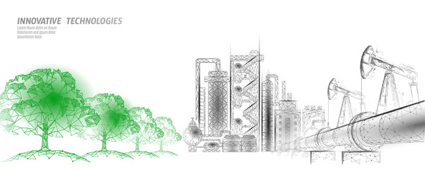 Oil pollution problem concept. Oil gas petroleum environmental disaster pipeline refinery complex. Industry air soil waste toxic solution 3D vector illustration