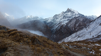 View of Mount Machapuchare from Nepali meaning Fishtail Mountain, Annapurna Conservation Area, Himalaya, Nepal.