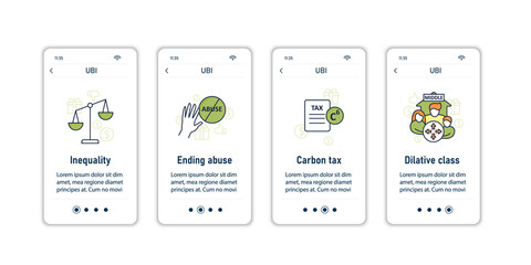 Universal basic income onboarding mobile app screens. Tax declaration, economic growth. Inequality and inflation. Global economy steps menu. Set of UI, UX, web template with RGB color linear icons - obrazy, fototapety, plakaty