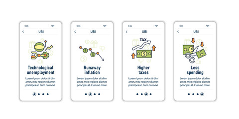 Universal basic income onboarding mobile app screens. Tax declaration, economic growth. Inequality and inflation. Global economy steps menu. Set of UI, UX, web template with RGB color linear icons