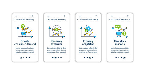 Economic recovery onboarding mobile app screens. Economy variations. Growth period. Business concept. steps menu. Set of UI, UX, web template with RGB color linear icons