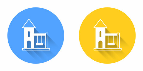 White Swing for kids summer games on playground icon isolated with long shadow background. Outdoor entertainment equipment. Circle button. Vector