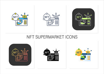 NFT supermarket icons set.Ability to buy non fungible tokens. Assets exist in their own cryptosystems.Collection of icons in linear, filled, color styles.Isolated vector illustrations