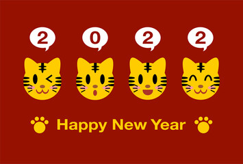 2022年寅年の年賀状イラスト: 虎の顔と吹き出し（赤背景）