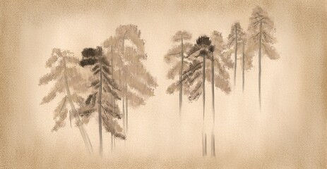 Mural for the walls. Wallpapers for the room, interior. Pine wood on a gray background in the grunge style.