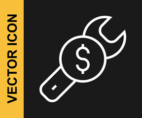 White line Repair price icon isolated on black background. Dollar and wrench. Vector