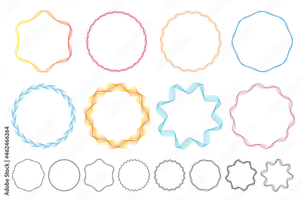 Poster vector abstract circles set. colorful rainbow wavy lines in round frames isolated on white backgroun