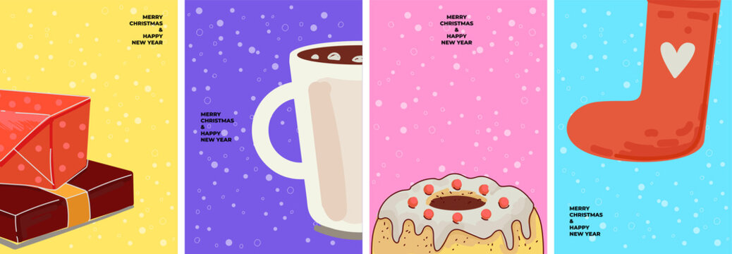 Merry Christmas and New Year poster set with holiday symbols. Gift boxes stack, cocoa or hot chocolate cup, sweet cake dessert and red sock for present colorful banners. Celebration eve drawing. Eps