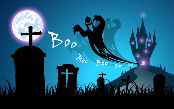 illustration blue background,festival halloween concept,full moon on dark night with many ghost,scarecrow,frankenstein and devil walking to castle for celebration halloween day