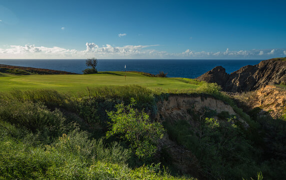 The Iron Corner - holes 13, 14, and 15 on Porto Santo golf course, a tribute to Severiano Ballesteros, Porto Santo island, Portugal
