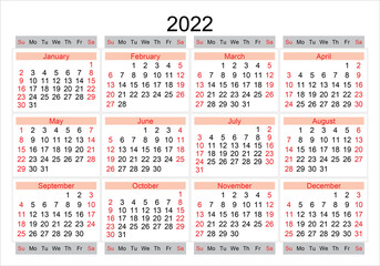 2022 calendar American English