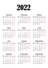 2022 calendar American English