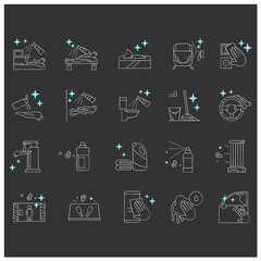 Fototapeta na wymiar Surface disinfection chalk icons set. Home, public areas,transport hygiene, covid pandemic preventive measure instruction concept. Isolated vector illustrations on chalkboard