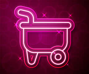 Glowing neon line Wheelbarrow icon isolated on red background. Tool equipment. Agriculture cart wheel farm. Vector