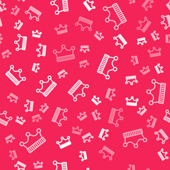 Obraz premium White line King crown icon isolated seamless pattern on red background. Vector