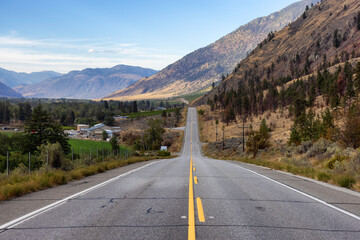 Scenic Road, Hwy 3, in the valley around the Canadian Mountain Landscape. Near Osoyoos, British Columbia, Canada.