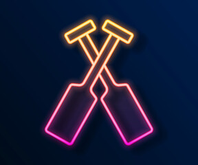 Glowing neon line Crossed oars or paddles boat icon isolated on black background. Vector
