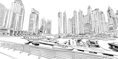 City skyscrapers hand drawn unique perspectives. Dubai. Street sketch, vector illustration