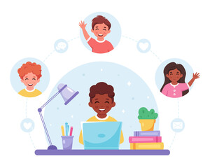 Children communicating online. Video call with friends, chatting online. Online studying, distance learning. Vector illustration