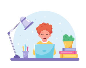 Red haired boy studying with computer. Online learning, back to school concept. Vector illustration