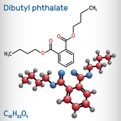 Dibutyl phthalate, DBP molecule. It is phthalate ester, diester. It is environmental contaminant, teratogenic agent, plasticiser. Structural chemical formula, molecule model.