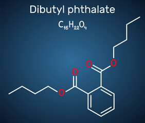 Dibutyl phthalate, DBP molecule. It is phthalate ester, diester. It is environmental contaminant, teratogenic agent, plasticiser. Structural chemical formula on the dark blue background