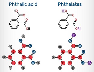Phthalic acid (ortho-phthalic acid) and phthalates (orthophthalate)molecule. Structural chemical formula and molecule model. Vector illustration