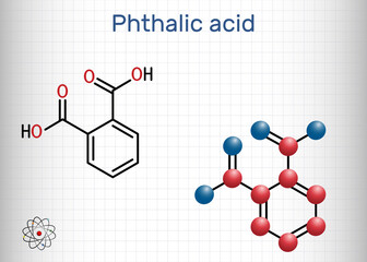 Phthalic acid, benzenedicarboxylic acid molecule. It is aromatic dicarboxylic acid. Structural chemical formula and molecule model. Sheet of paper in a cage