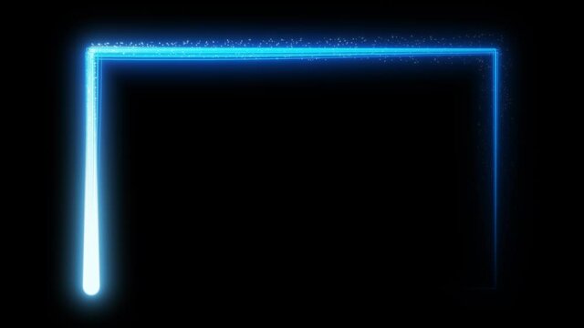 Blue neon light trail square on black background. Endless pattern. Border of electric light streaks with shimmer. Modern rectangle frame with empty space for text for advertising, banner
