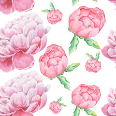 Peonies Watercolor Seamless Pattern. Floral print. Flowers illustration. Design for children, wedding, textile, fabric , flowers shops and etc. Spring mood. Colorful pattern. Beauty Blossom