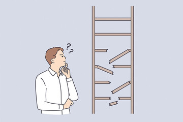 Frustration, business strategy, doubt concept. Young frustrated businessman cartoon character standing looking at broken ladder feeling not confident vector illustration 