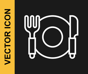 White line Plate, fork and knife icon isolated on black background. Cutlery symbol. Restaurant sign. Vector