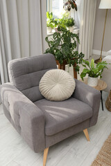 Comfortable armchair and houseplants indoors. Interior design