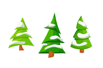 Vector set of Christmas trees in the snow in cartoon style