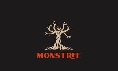 illustration vector graphic logo design for combination of an abstract monster and a dry tree, old tree with unique style
