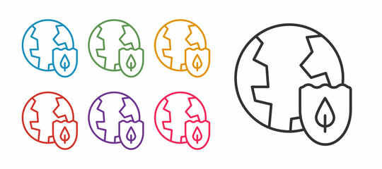 Set line Earth with shield icon isolated on white background. Insurance concept. Security, safety, protection, privacy concept. Set icons colorful. Vector