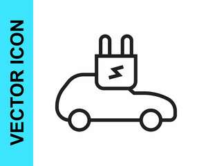 Black line Electric car and electrical cable plug charging icon isolated on white background. Renewable eco technologies. Vector