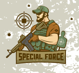 Special forces soldier holds a machine gun against the background of targets. Logo illustration of the military.