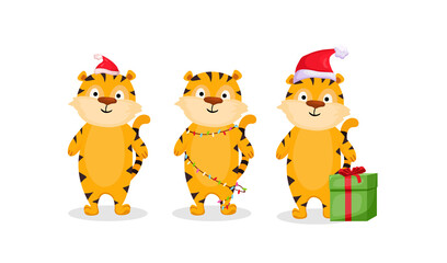 A set of cartoon Christmas tigers in a garland, a hat and with a gift. Vector illustration.