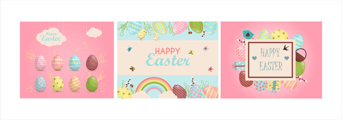 A set of brightly, colorful easter banners with eggs. Vector illustration with a happy Easter wish. Banner for sale. Template for a postcard, invitation, ad or banner. Christian holiday.