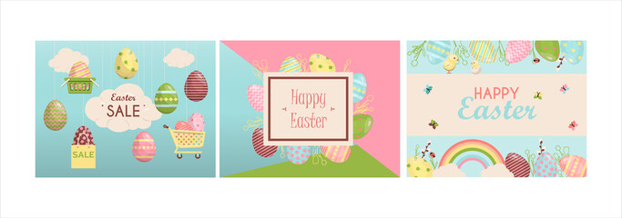 A set of brightly, colorful easter banners with eggs. Vector illustration with a happy Easter wish. Banner for sale. Template for a postcard, invitation, ad or banner. Christian holiday.