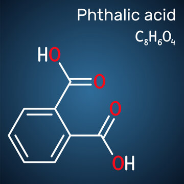 Phthalic acid, benzenedicarboxylic acid molecule. It is aromatic dicarboxylic acid. Structural chemical formula on the dark blue background