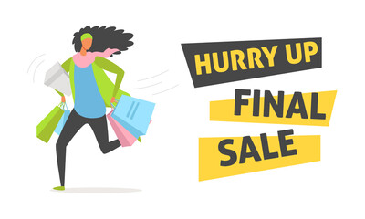 Big sale concept, black friday. Happy woman rushes to the sale to buy more in time. Vector flat illustration.